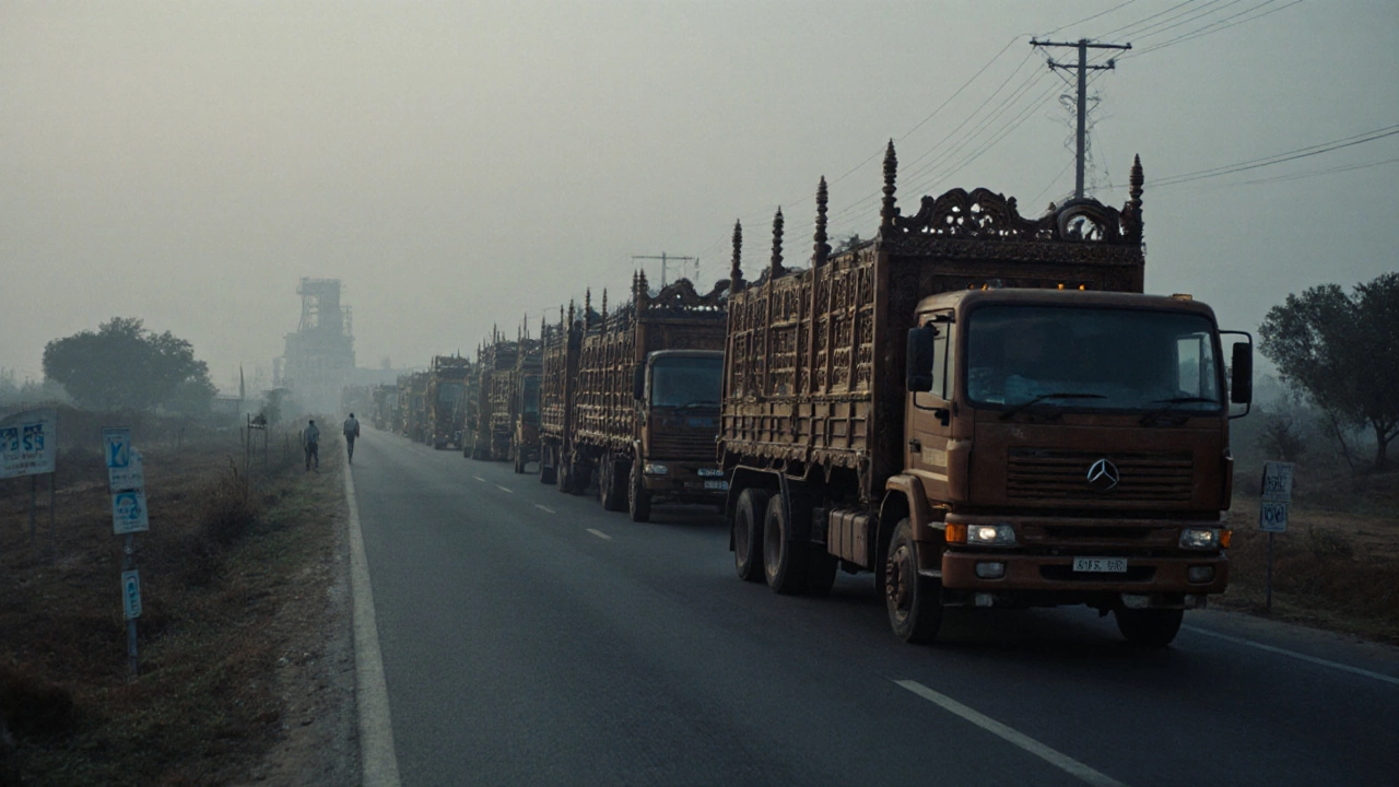 Trucks loaded with wooden furniture departing Khanna at dawn, heading for export.