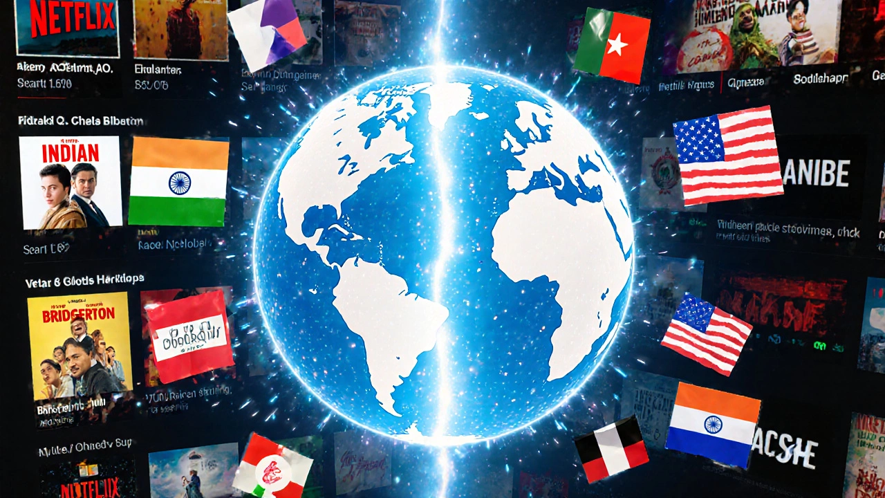 Two side-by-side Netflix libraries: Indian and US content separated by a digital geo-blocking barrier.