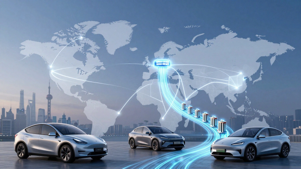 A global map showing connections between China and U.S. cities with EVs and battery cells flowing between them.