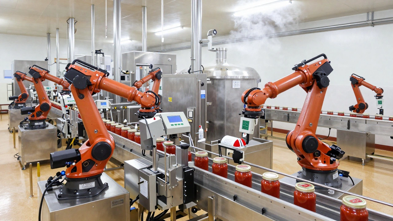 A high-speed food processing unit with robotic arms and quality control systems in action.