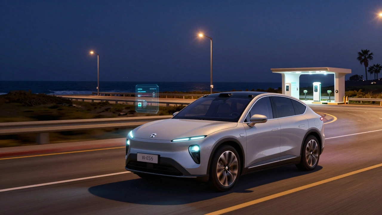 A NIO ES6 driving at night on a coastal highway with a battery swap station in the distance.