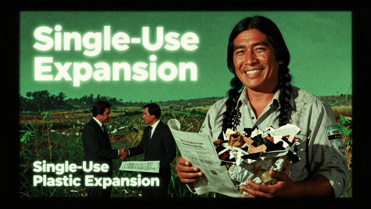 A vintage-style ad showing a crying man with plastic waste behind him, while executives shake hands in shadow.