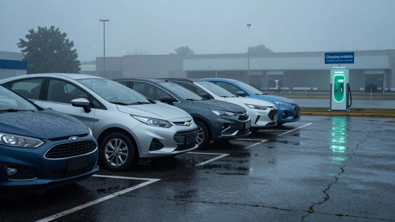 Abandoned GM and Ford cars in a closed dealership with distant EV charger