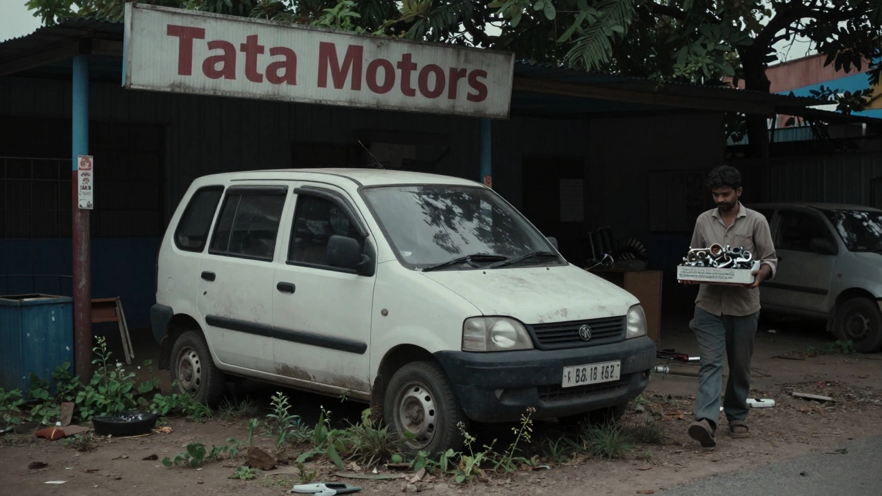 Abandoned Tata Indica in a neglected rural service center