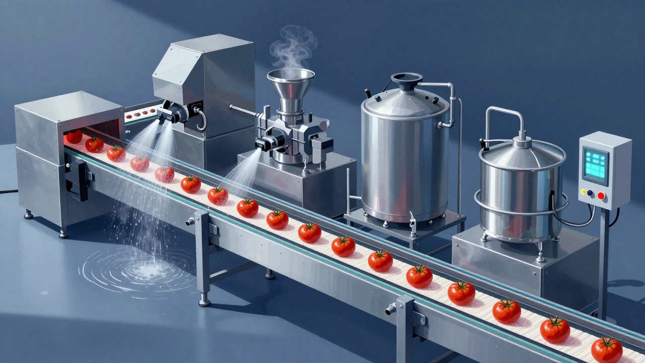 An automated conveyor line transforming tomatoes into sauce with multiple processing stations.