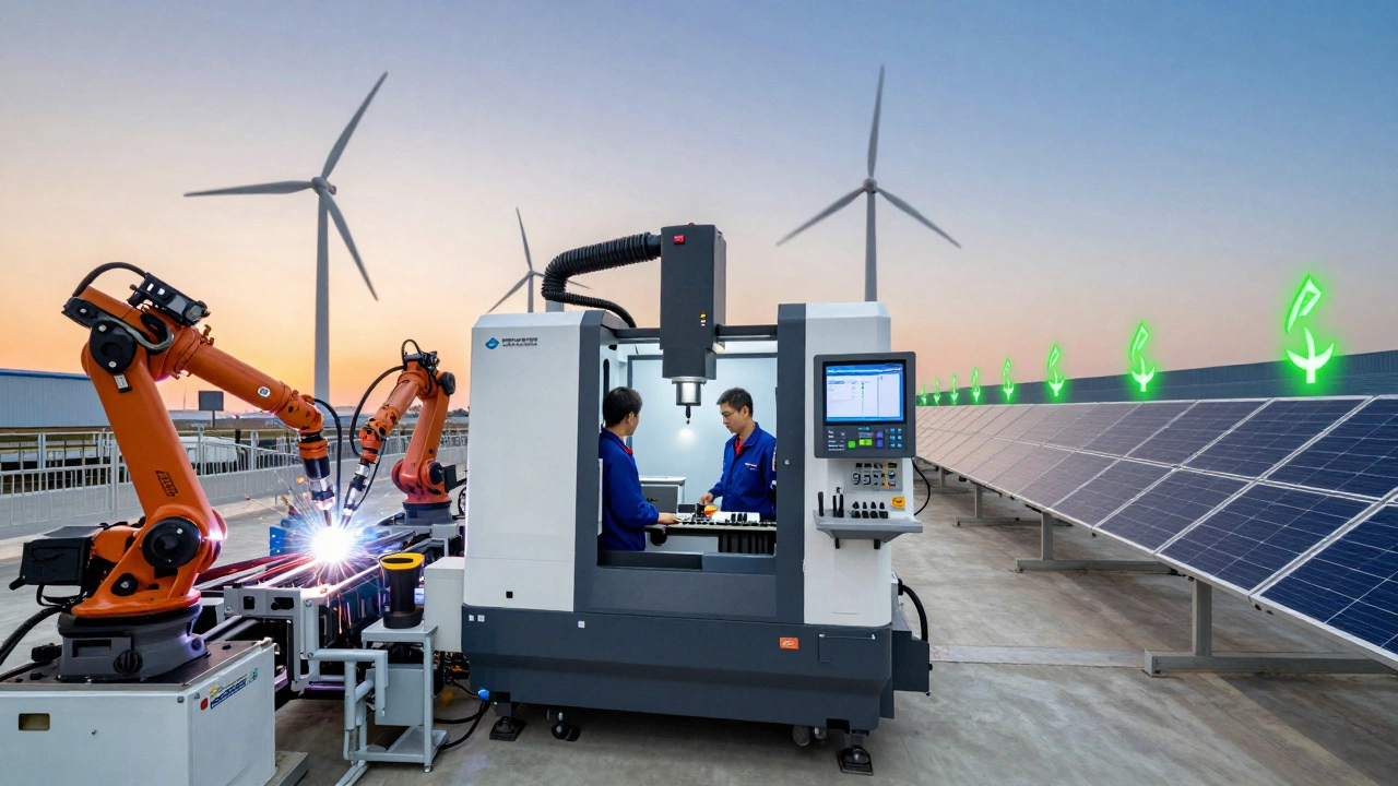 Automated wind turbine assembly, worker training on CNC machine, and solar panel production line under a dawn sky.