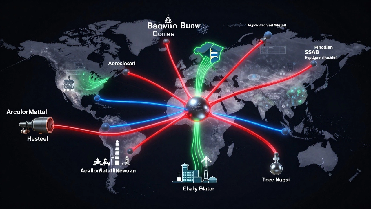 Global steel supply chain visualized as a glowing neural network with energy flows from key producers.