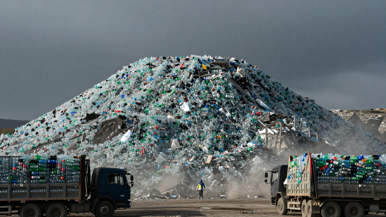Massive landfill pile of plastic water bottles under a gray sky, with a small worker at the base.