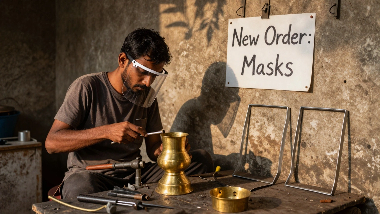 Metalworker repurposing lamp molds to make face shields in a rural Indian garage.