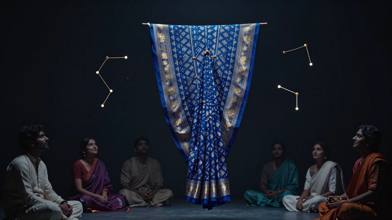 Patola silk sari floating mid-air with aligned ikat pattern and floating hand-tied knots.