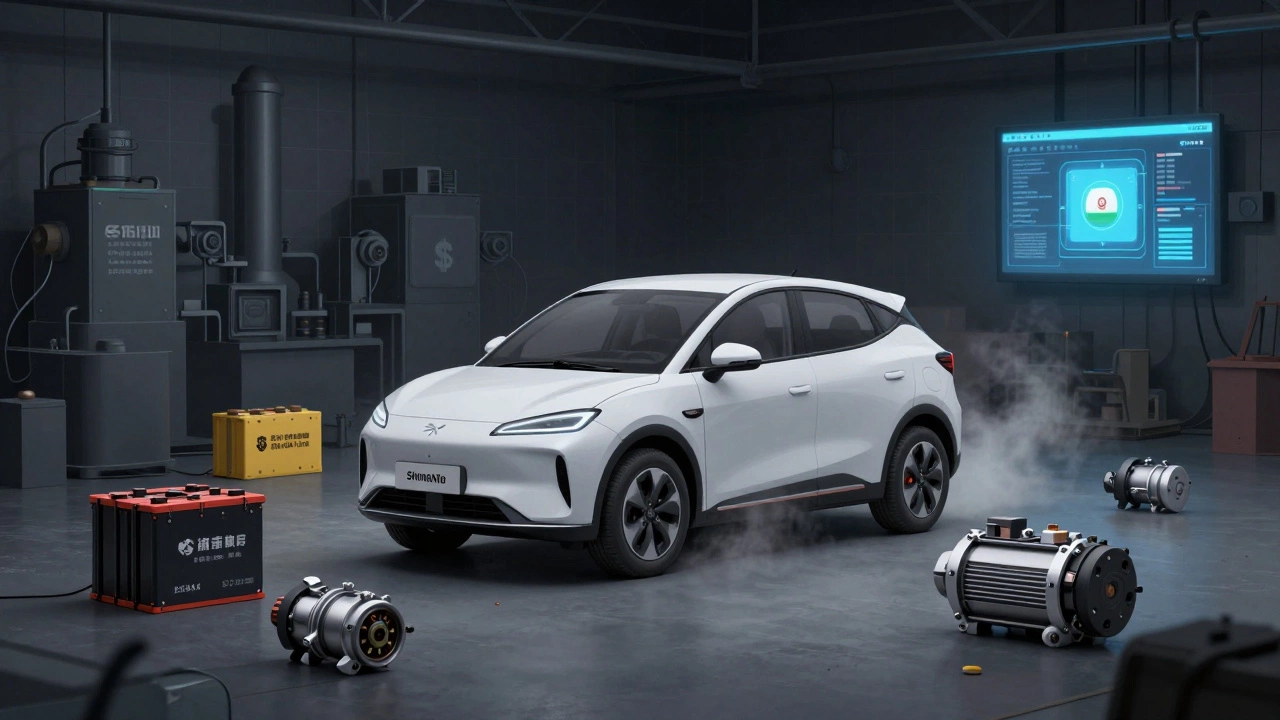 Prototype electric car in a garage surrounded by imported foreign components.