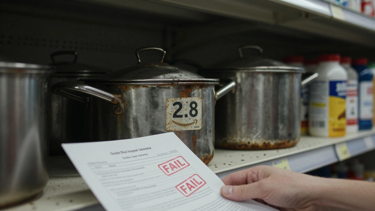 Rusted cookware on a shelf with a low Amazon rating, symbolizing supply chain failure in manufacturing.