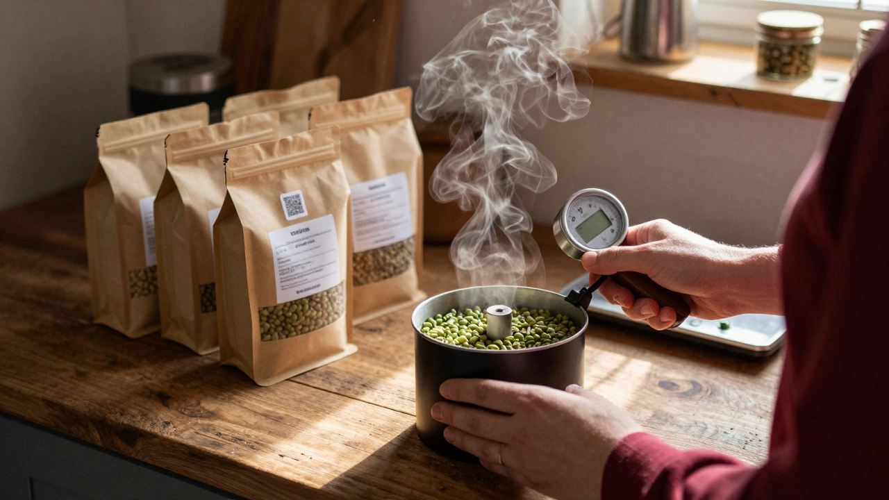 Someone roasting coffee beans at home with a small drum roaster and kraft packaging.