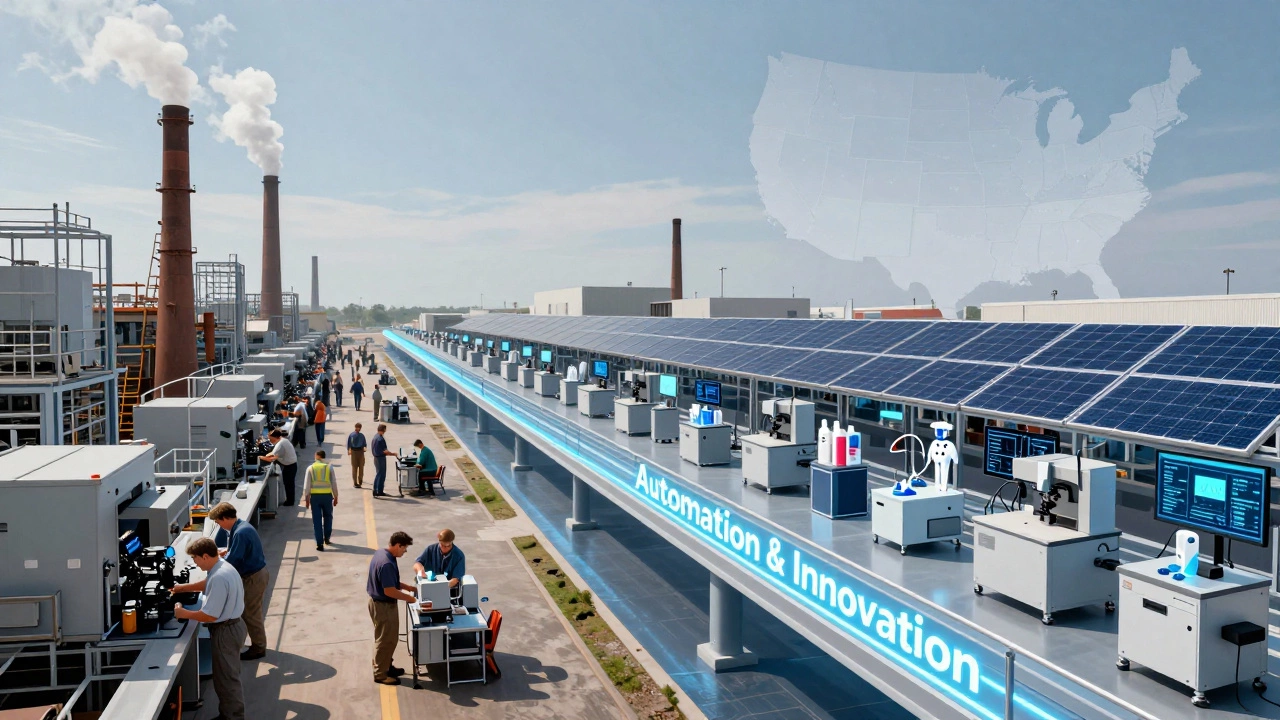 Split image: 1950s factory on left, futuristic micro-factory on right, connected by a bridge labeled &#039;Automation &amp; Innovation&#039;.