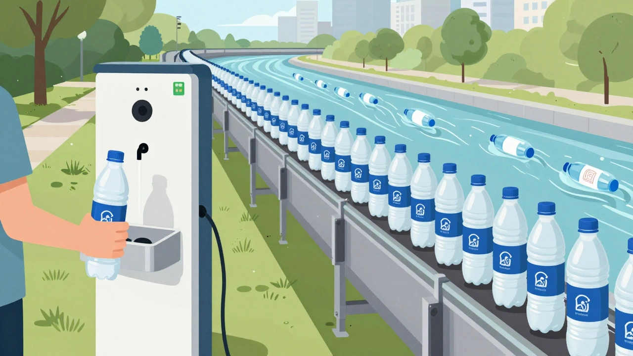 Split image: person refilling a bottle at a public station vs. factory producing plastic bottles.
