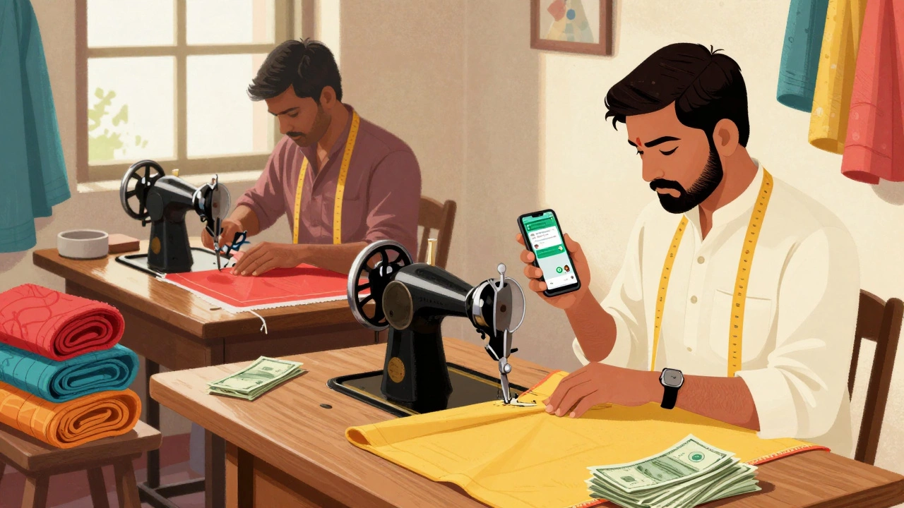 Tailor in Varanasi sewing garments while managing customer orders on a smartphone.