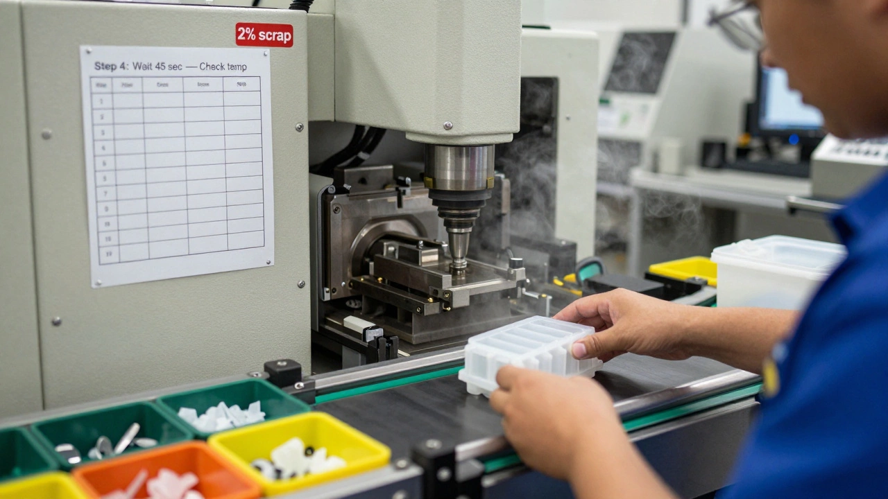 Technician placing a cooled plastic part on a conveyor with a simple process checklist visible.