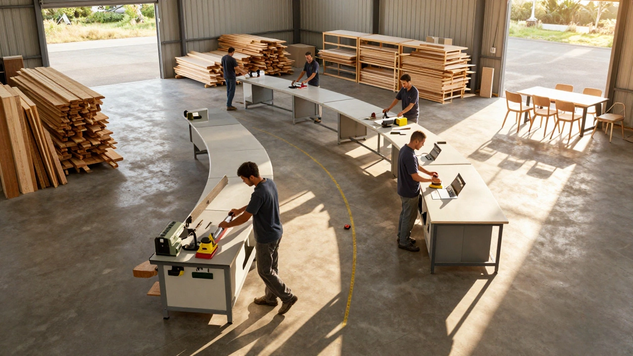 U-shaped factory layout with workers moving efficiently between stations in natural light.