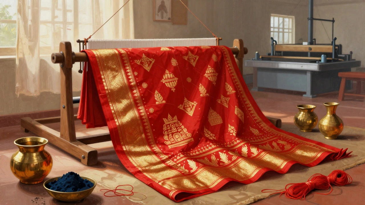 Vibrant Kanchipuram silk sari with temple motifs on a loom, surrounded by natural dyes and zari threads.