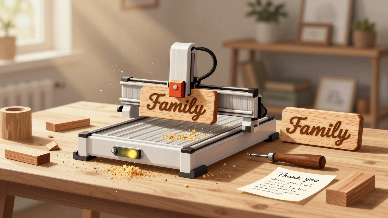 Woodworker carving a custom wooden sign with a CNC router in a sunlit home studio.