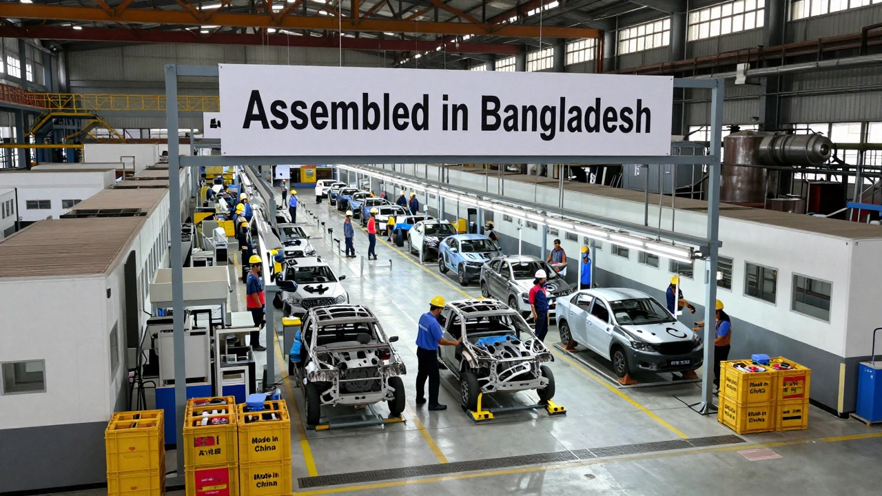 Workers assembling imported car parts in a small Bangladeshi factory.