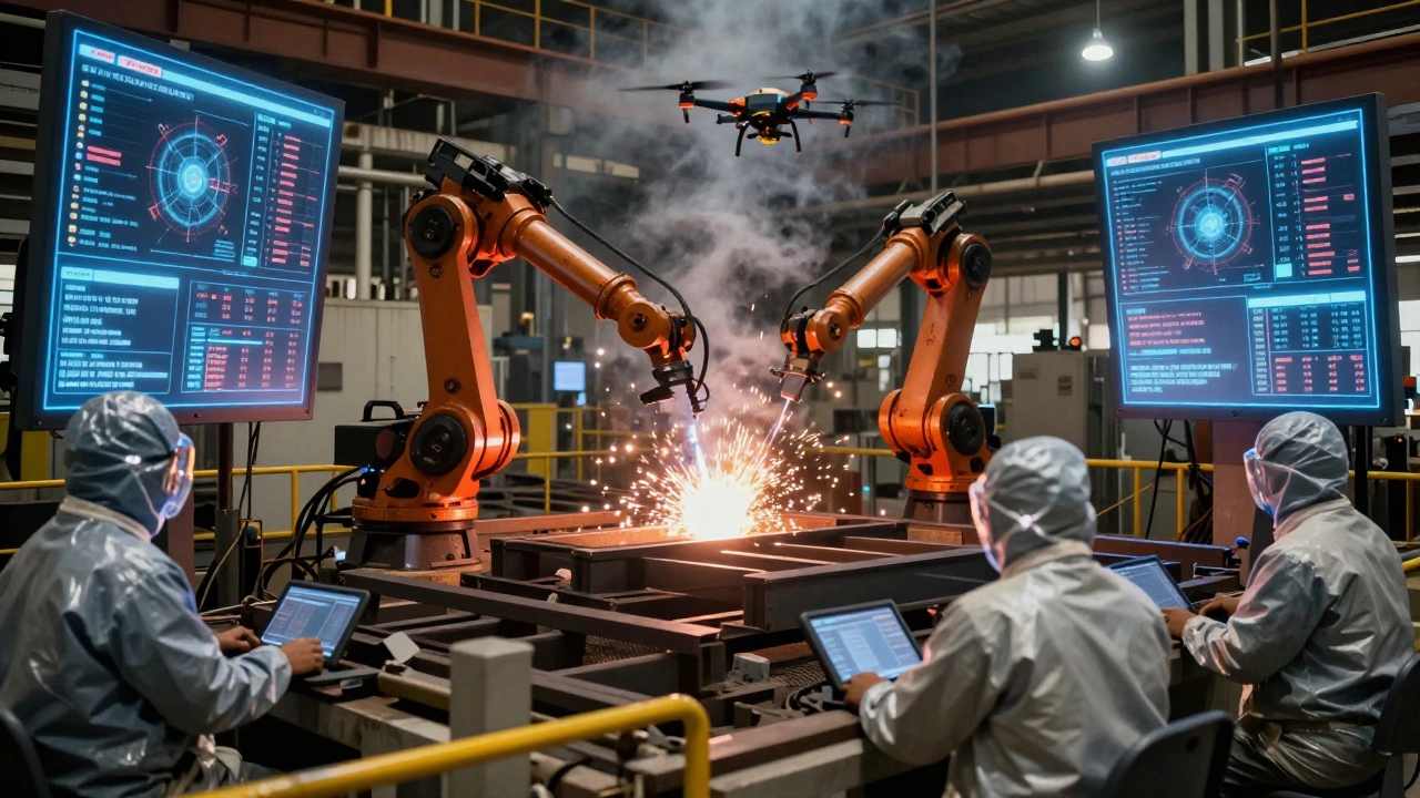 Workers monitoring AI-controlled steel production at JSW Steel's advanced facility in India.