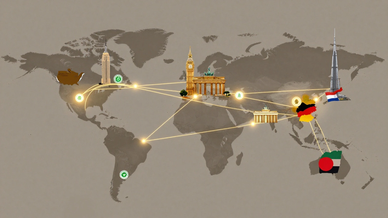 A global network of textile trade routes connecting India to major international markets with certification badges.