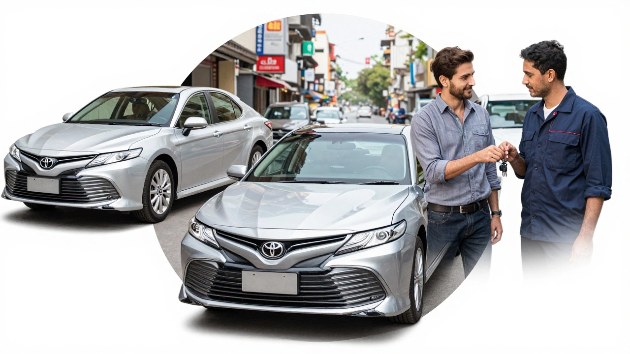A timeline showing a Toyota Camry's journey from new to well-used, symbolizing long-term reliability.
