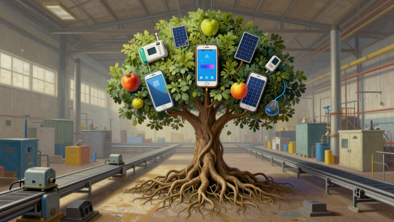 A tree growing from a factory floor, its branches bearing products like smartphones and medical devices.