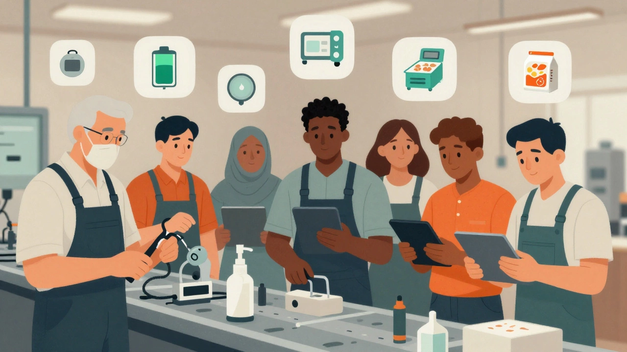 Diverse team of factory workers collaborating around a production line with icons of essential products floating above.