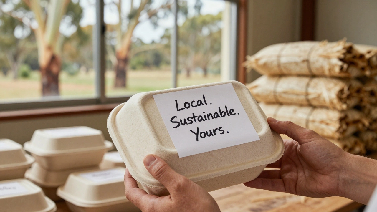 Eco-friendly food containers being packaged with a local sourcing label in a sunlit workshop.