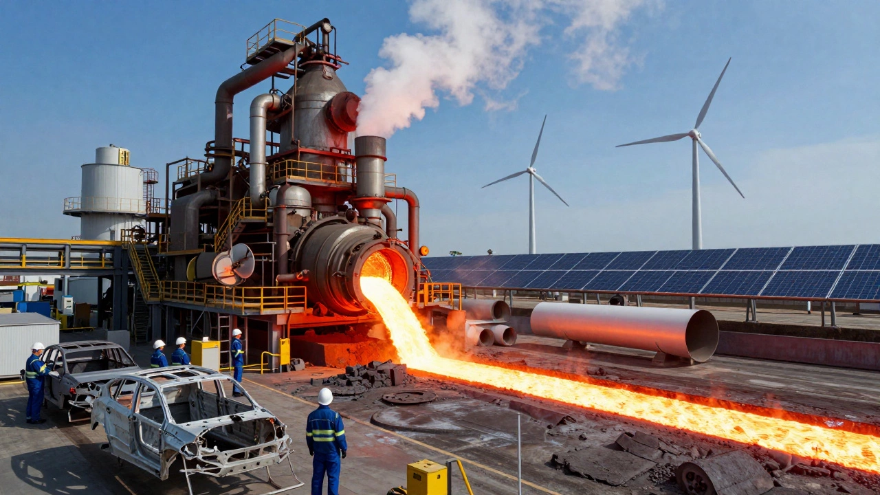 Future vision of a clean steel mill using hydrogen flames and renewable energy to produce automotive and infrastructure steel.