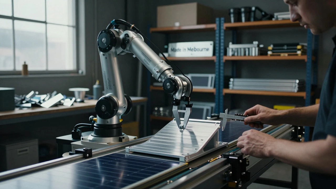 Robotic arm placing aluminum solar brackets on a conveyor with human inspector nearby.