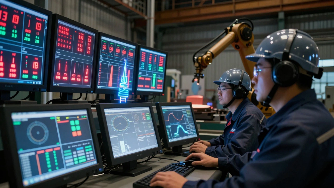 Steelworkers in a high-tech control room monitoring real-time production data on digital screens, with robotic arms in the background.