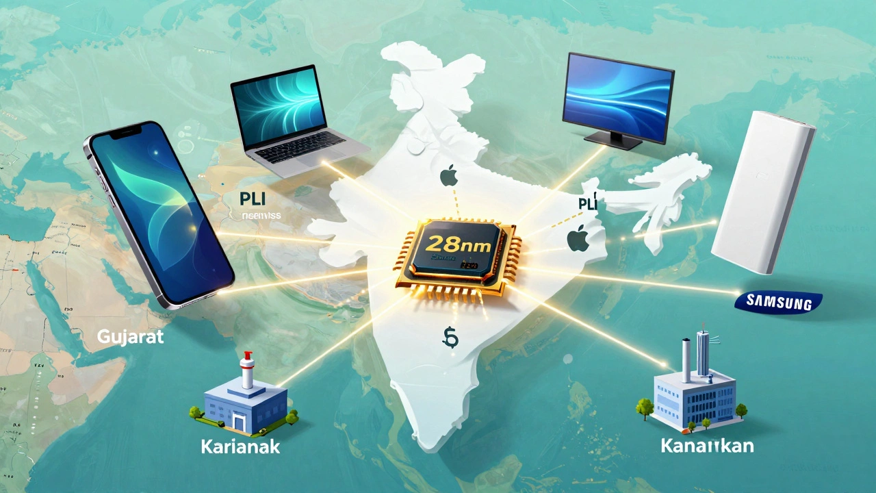 Symbolic image of India-made electronics and microchips connected by supply chains across the country.