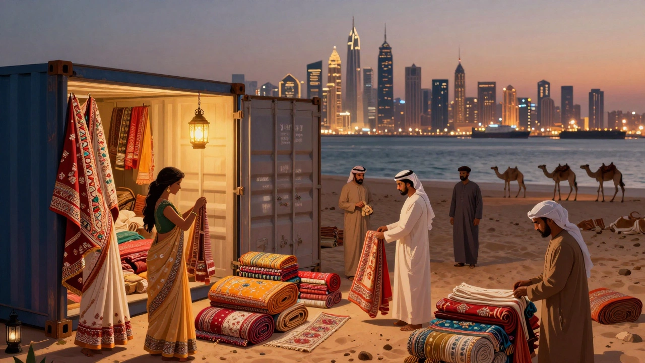 Traders in Dubai inspecting colorful Indian embroidered sarees and printed fabrics at the port at dusk.