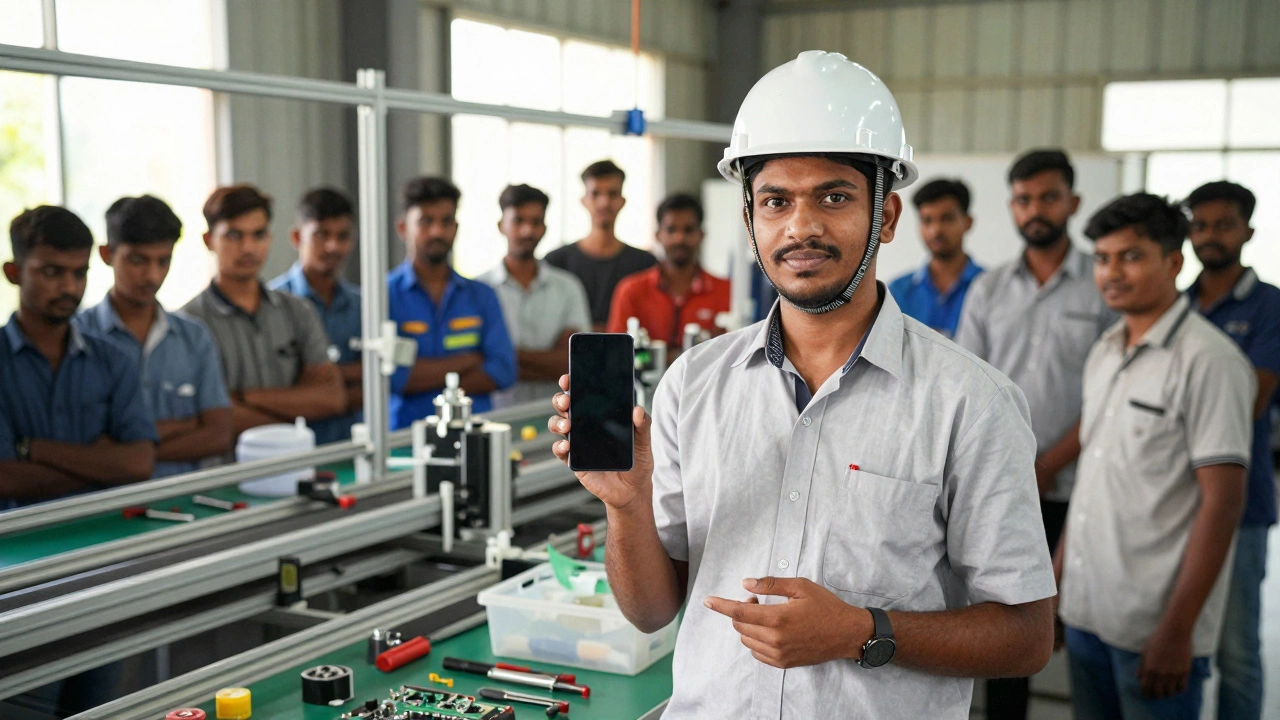 Young engineer from Bhopal standing beside a Xiaomi production line with a team of workers in Uttar Pradesh.