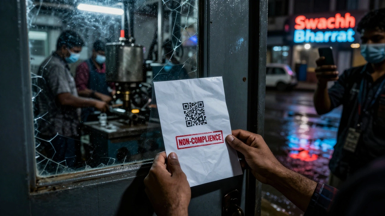 A sealed non-compliance notice is posted on a factory door as a citizen films the scene outside.