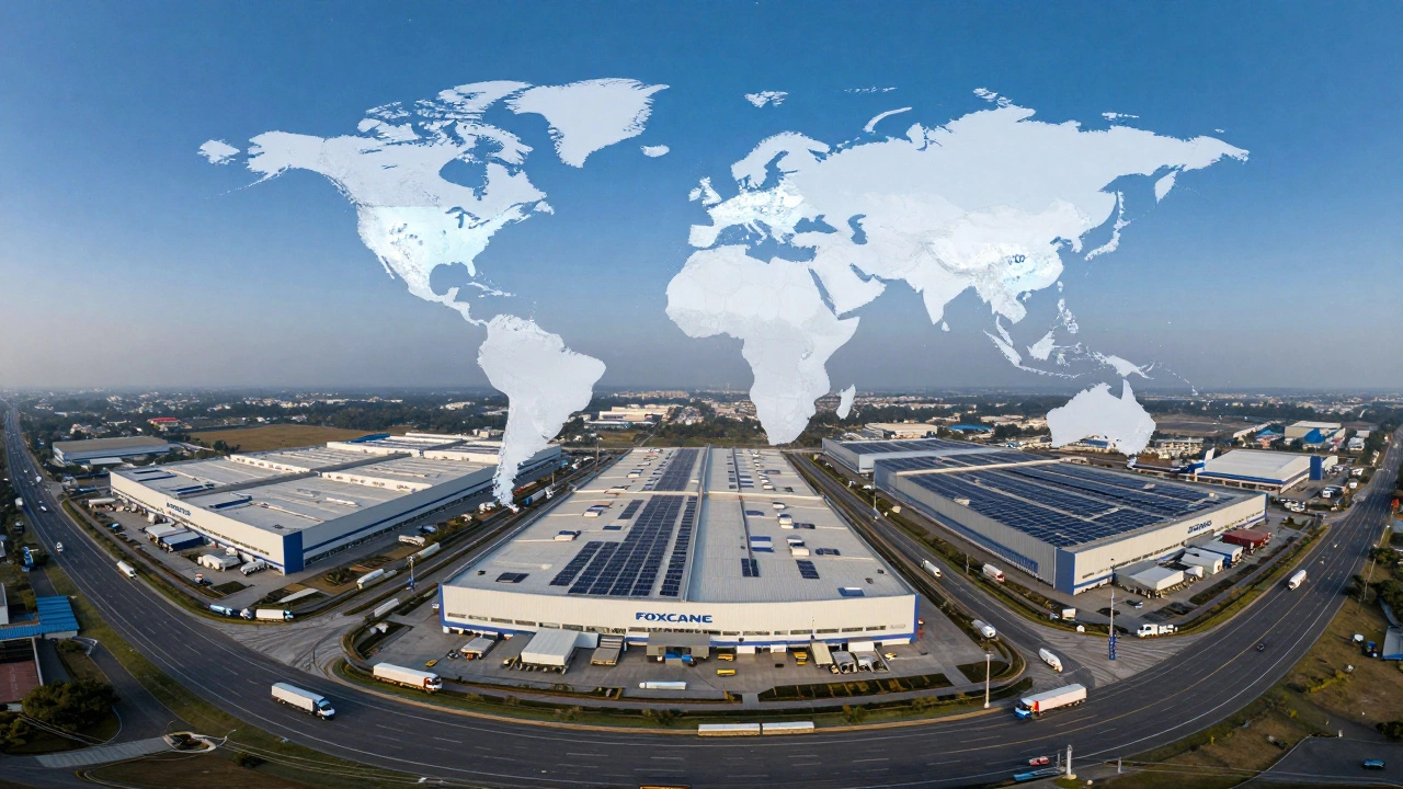 Aerial view of three massive Foxconn plants in India with export routes leading to countries worldwide.