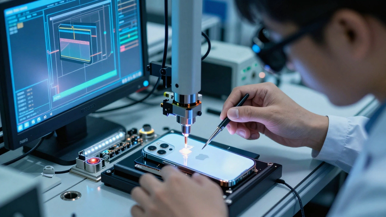 An iPhone being assembled on a high-tech production line with technicians monitoring precision tools.
