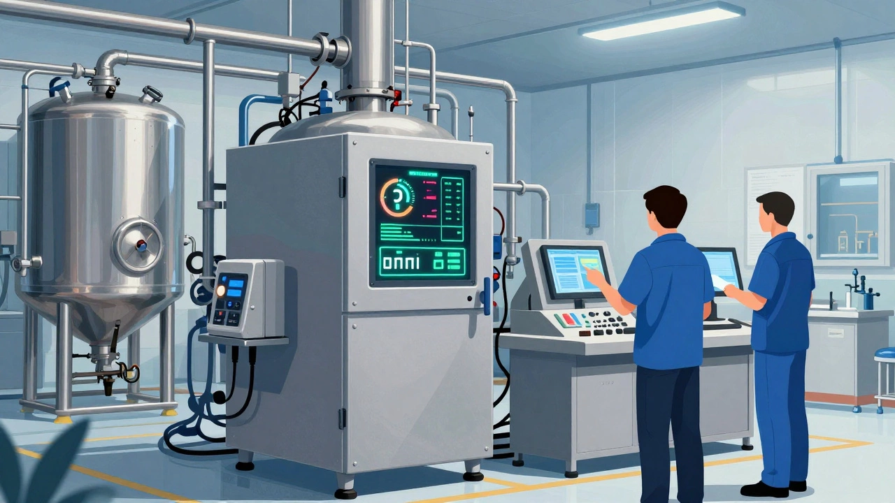 Control room in dairy processing plant with automated systems monitoring temperatures.