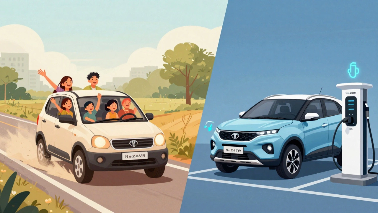 Family driving a Maruti Brezza on a rural road versus an electric Tata EV charging in the city.