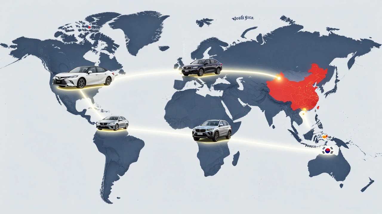 Global map with glowing pathways showing car-making strengths of Japan, Germany, Korea, US, China, and India.
