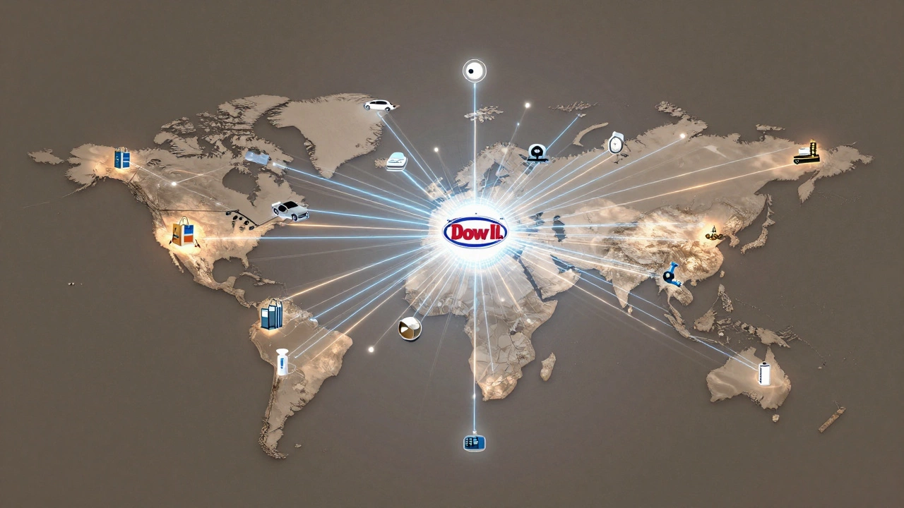 Global network of Dow's plastic production sites with resin flows to consumer products.