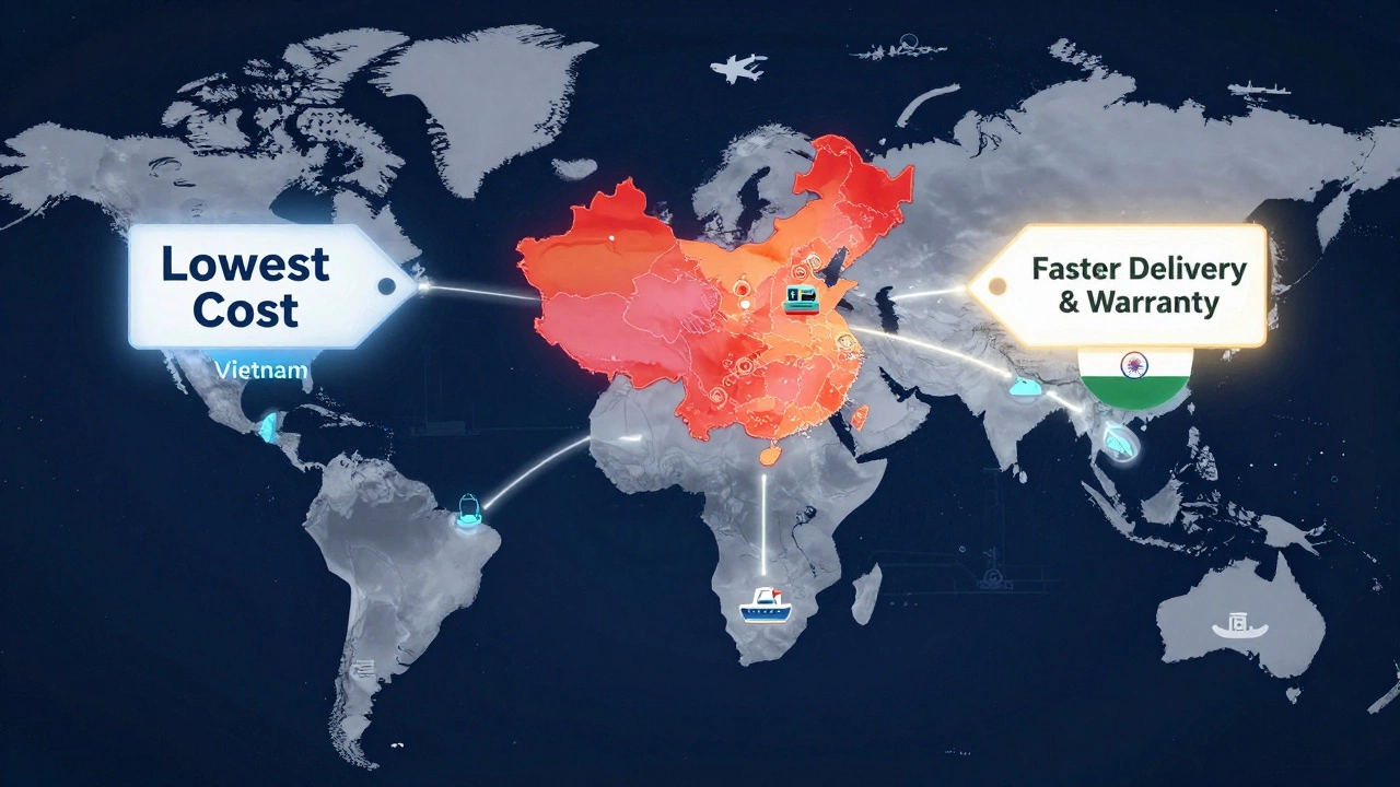 Global supply chain map showing China as the central hub for electronics production with cost and delivery labels.