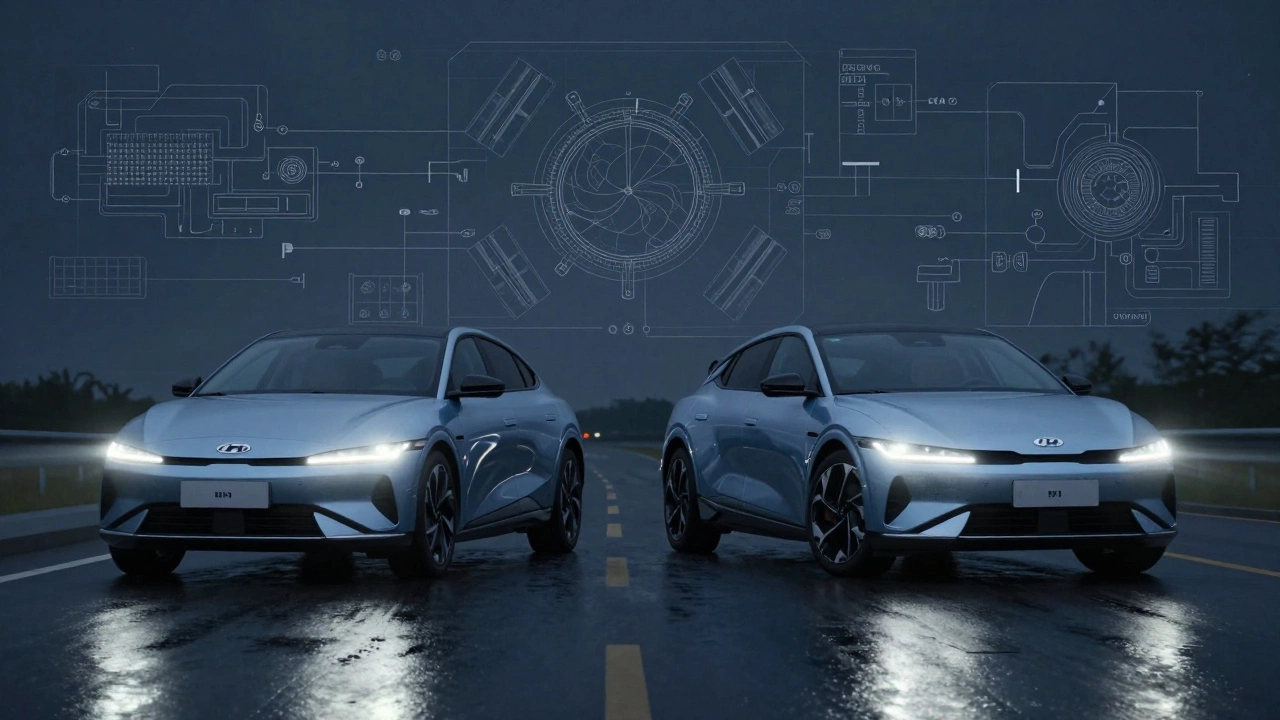 Hyundai Ioniq 6 and Kia EV6 side by side on a wet highway with engineering blueprints in background.