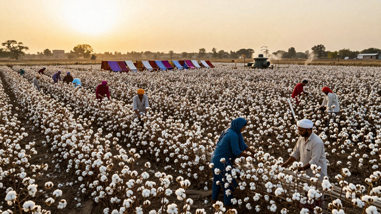 Indian farmers harvesting cotton under sunset, with handlooms in the background.