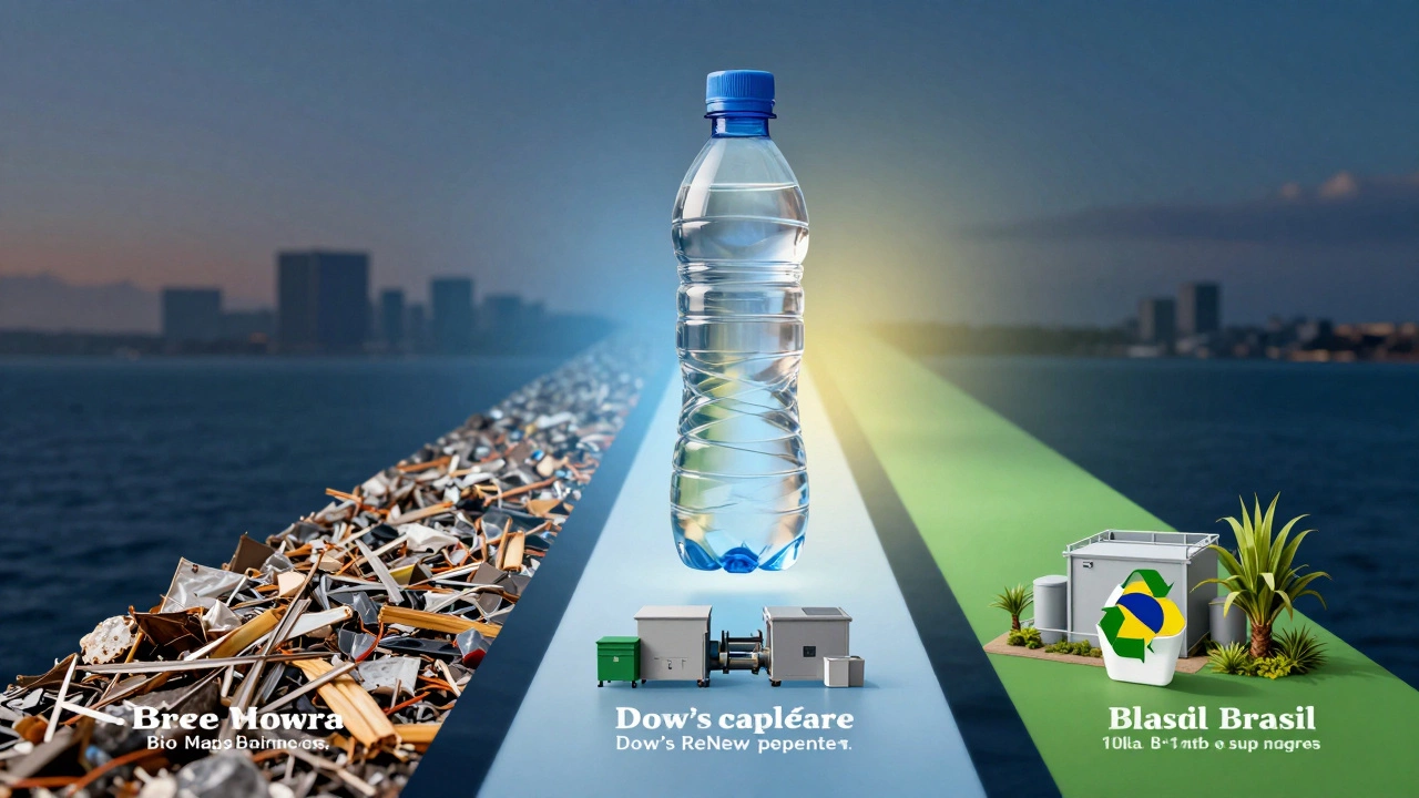 Plastic bottle splitting into waste, recycling, and bio-based production pathways.