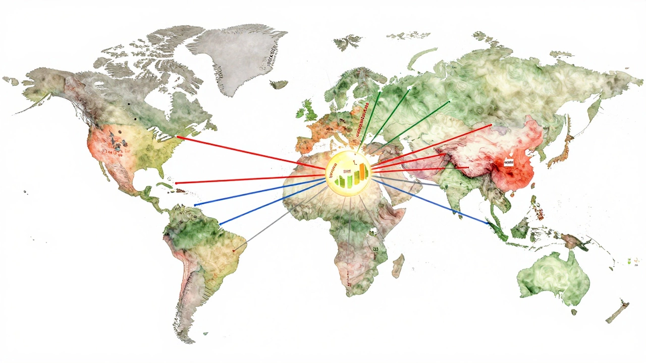 Watercolor map showing global textile supply routes from China, India, Vietnam, and Turkey.