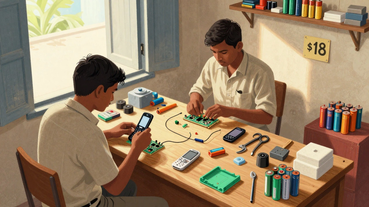 Workers in India assembling basic feature phones using locally sourced parts in a sunlit workshop.
